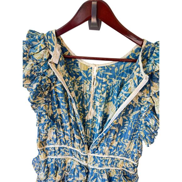 ULLA JOHNSON Endah Playsuit Blue & Yellow Lanai Size 10 Ruffles Frills Floral - Picture 9 of 11
